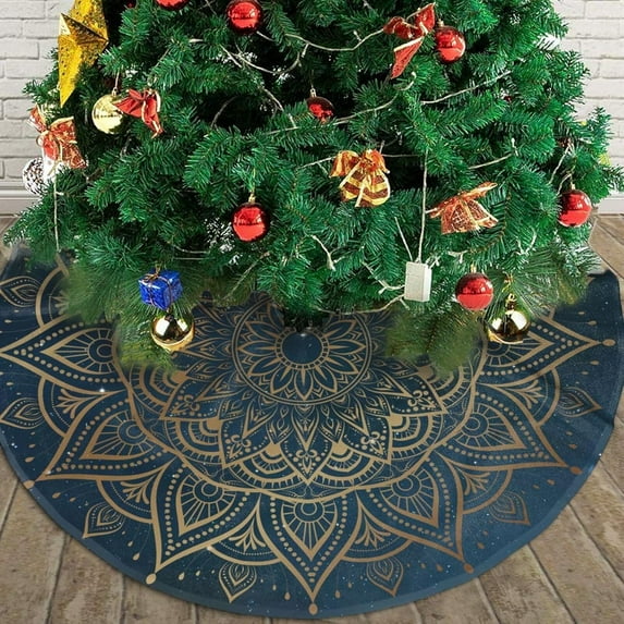 Elegant Gold Mandala Blue Galaxy Christmas Tree Skirt Gorgeous for Xmas Party Ornaments Holiday Decoration Accessory 48"