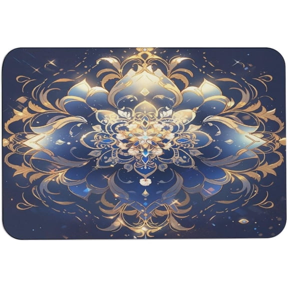 Elegant Gold Mandala Blue Whimsy Design Bathroom Mats Water Absorbent and Non Slip Mandala Round Hippie Luxury Machine Wash Mat Office Doormat Kitchen Dining Living Hallway Area Rug 16x24 Inch