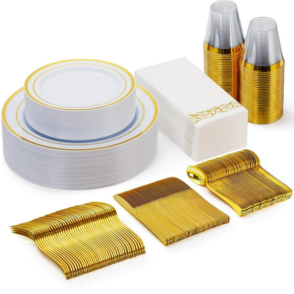 Elegant Gold Plastic Dinnerware Set 175 Pieces for 25 People, Disposable Plates Bowls Cups Silverware for Party Wedding Holiday, Premium Rim Design, Gold