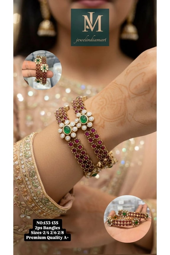 Elegant Gold Plated Kundan Emerald Ruby Bangles Set Women Ethnic Gift Jewelry remium Ruby Green Stone Gold Plated Designer Bangles (2 Pcs Set) Size 2.6