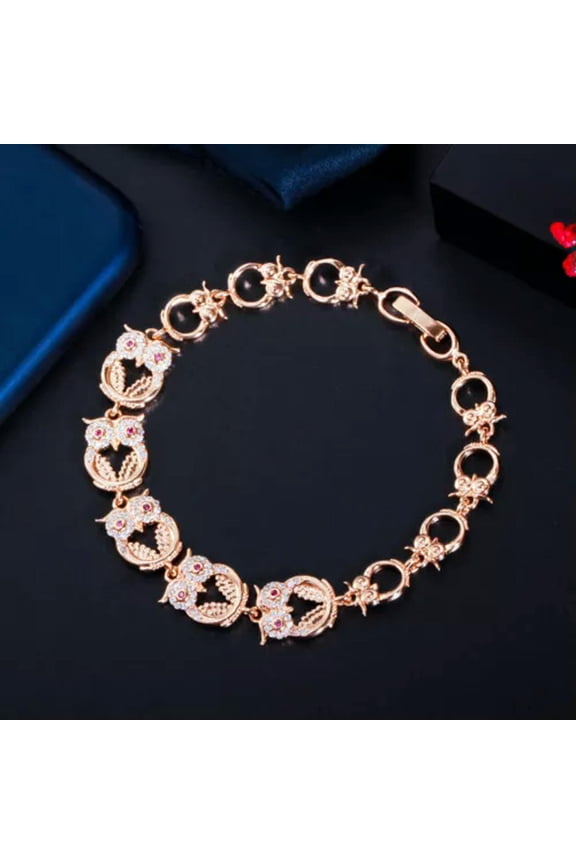 Elegant Gold Plated Pink CZ Cute Owl Animal Charms Link Bracelet Fashion Jewelry