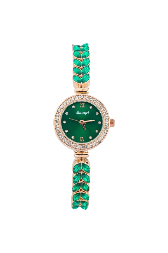 Elegant Gold Women's 26mm Quartz Watch Crystal Accented Bracelet Green Dial