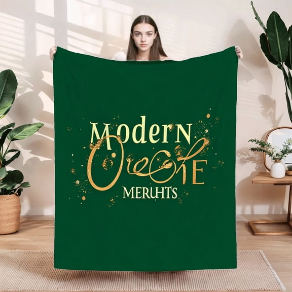 Elegant Gold Script on Dark Green: Durable Soft & Warm Flannel Blanket - Cozy for Sofa Travel Bed & Chair - Modern Design