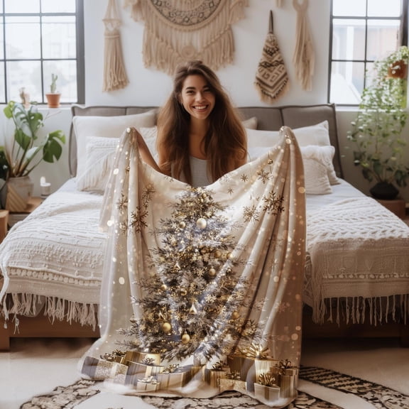 Elegant Gold & Silver Christmas Tree Flannel Blanket Blanket Cozy Holiday Throw Winter Decor Gift