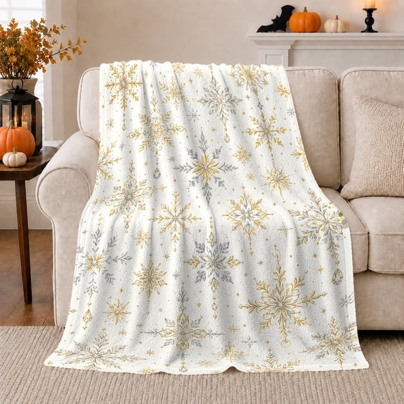 Elegant Gold Silver Snowflake Winter, Festive Holiday Scene, Warm Flannel Blanket for Living Room and Family Room, Art Lovers Christmas Gift, Festive Home Decor