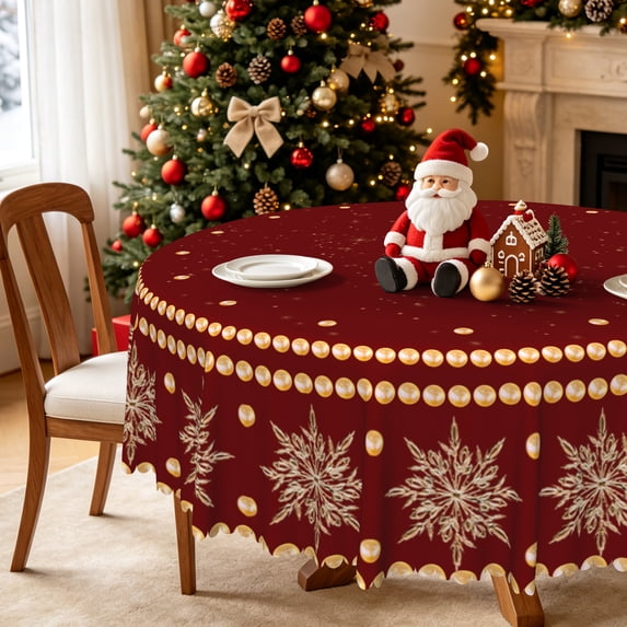 Elegant Gold Snowflake Christmas Round Tablecloth,60 Inch,Burgundy Waterproof Table Cover For Winter Family Gathering