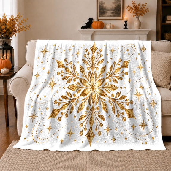 Printed Flannel Throw Blanket with Elegant Gold Snowflake Winter Celestial Sparkle