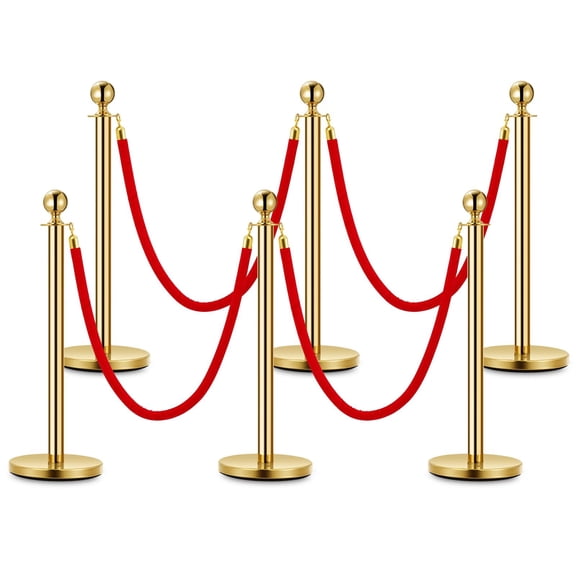 Elegant Gold Stanchion Posts with Luxurious Red Velvet Ropes - 6-Pack VIP Queue Poles for Red Carpet Events, Weddings, and Premieres - Easy Assembly, Durable, Stylish Crowd Control