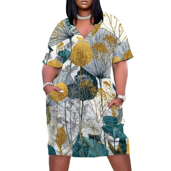 Elegant Gold Teal Botanical Art Print Women's Loose Short Sleeve Dress Casual Summer Plus Size Long Dresses with Pockets