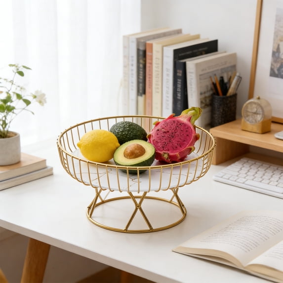 Elegant Gold-Tone Iron Marble Fruit Tray - Versatile Sturdy Ventilated Geometric Stand - Living Room Coffee Table Daily Snack Serving Decorative Tray