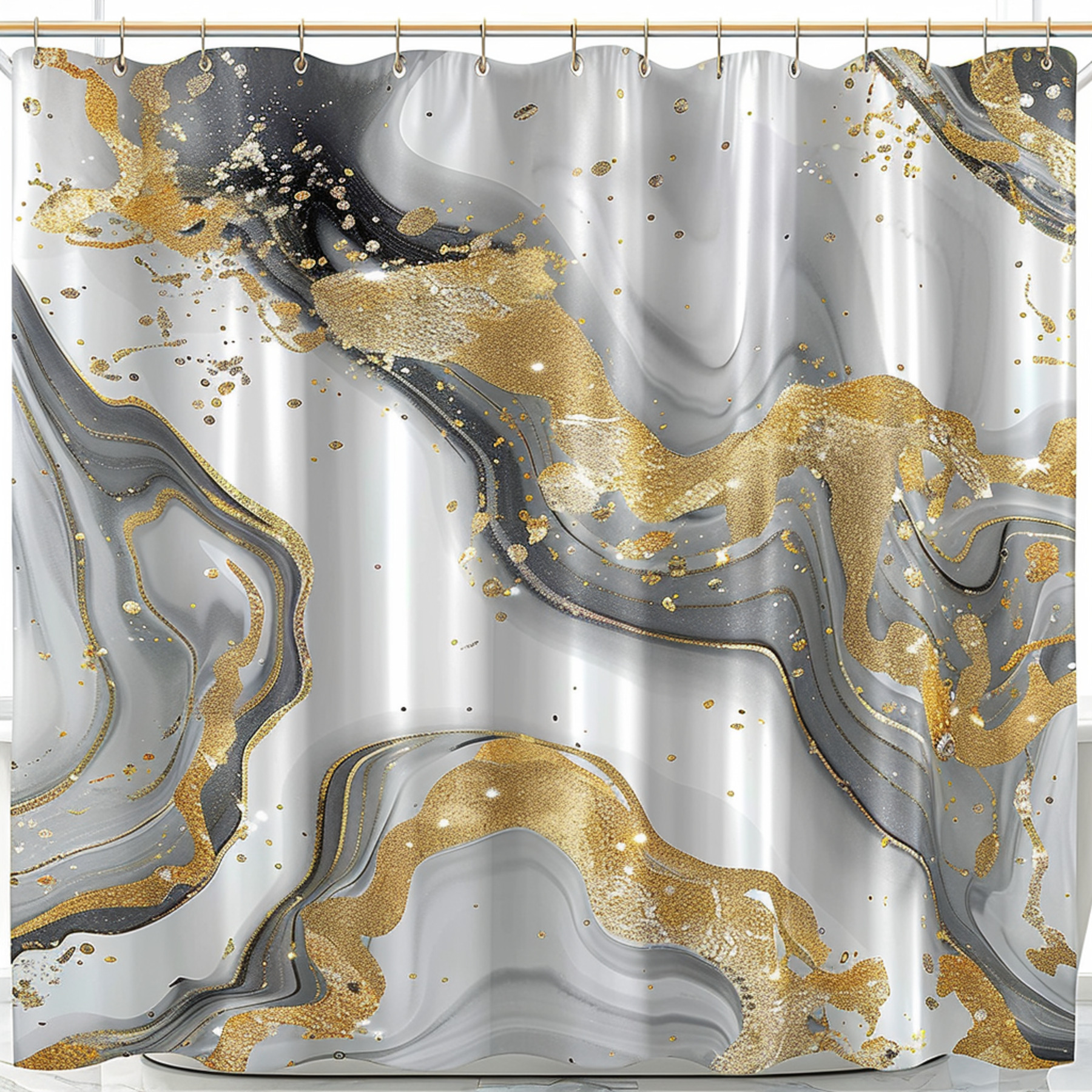 Elegant Gold and Grey Marble Print Shower Curtain with Glitter Bathroom