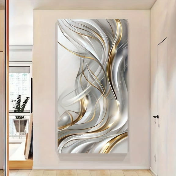 Elegant Gold and Silver Swirls Framed Canvas Wall Art 48x24 Inch Modern Abstract Luxury Print for Living Room Bedroom Office Decor