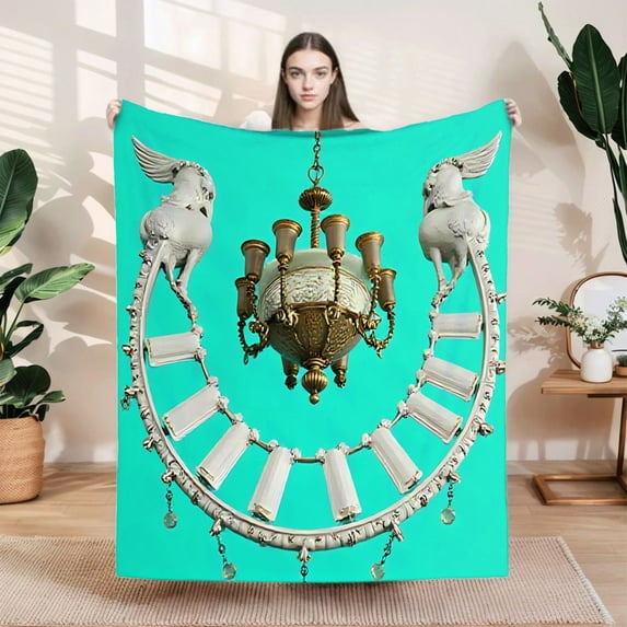 Elegant Gold and White Chandelier Design on Turquoise Background - Durable Soft Flannel Blanket for Sofa Travel Bed Chair
