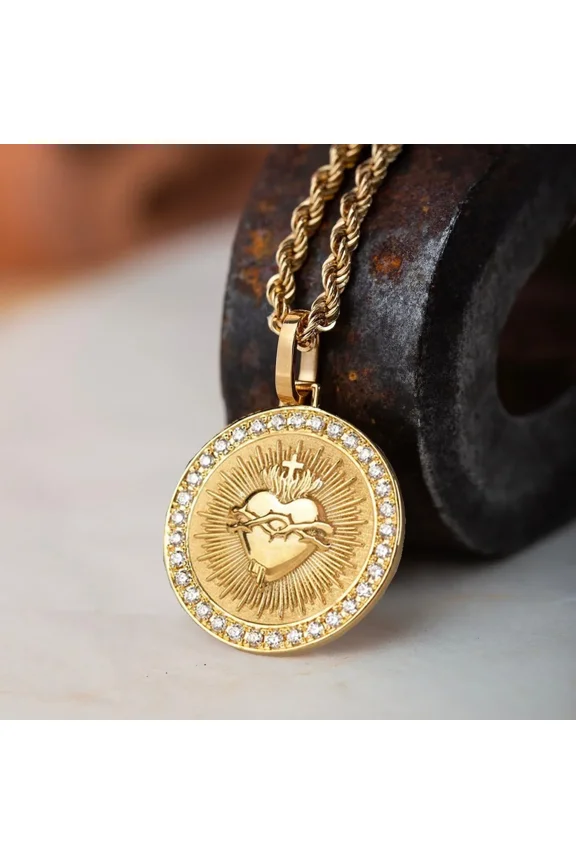 Elegant Golden Color Sacred Heart Pendant for Women Men Flaming Sacred Heart Jesus Cross Necklace 14K White Gold With Rhinestones CZ Necklace