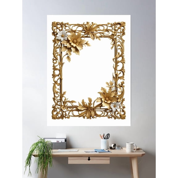 Elegant Golden Floral Frame With Intricate Baroque Scrollwork Poster Wall Art, Modern Wall Decor For Living Room Bedroom, 8x12 UNFRAMED