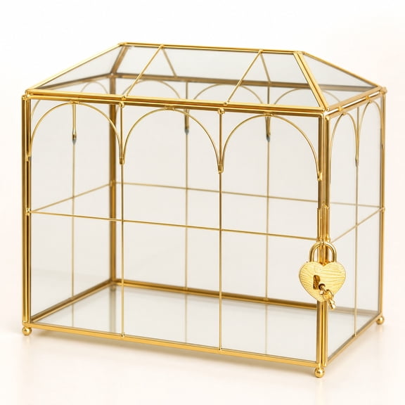 Elegant Golden Glass Card Box with Heart Lock and Key, Transparent Geometric Wedding Card Holder for Reception Table, Envelope and Keepsake Storage Decorative Box for Wedding, Birthday Party