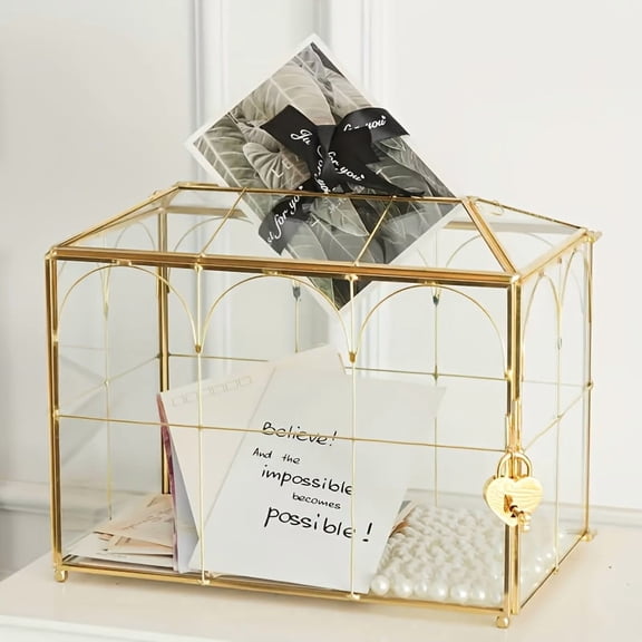 Elegant Golden Glass Card Box with Heart Lock and Key, Transparent Geometric Wedding Card Holder for Reception Table, Envelope and Keepsake Storage Decorative Box for Wedding, Birthday Party