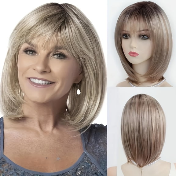 Elegant Golden Highlights Bob Wig with Bangs for Women - Straight, Heat Resistant Synthetic Hair, Perfect for Daily Wear & Special Occasions