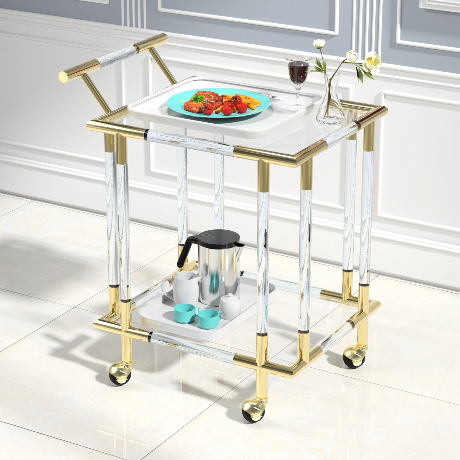 Elegant Golden Mobile Bar Cart with Wheels - 2-Tier Metal Frame Wine ...