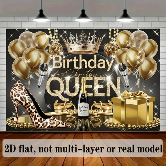 Elegant Golden Queen Birthday Backdrop Luxurious Balloons Crown Birthday Photography Background for Women Girls Gold Shiny Leopard Heels Birthday Party Decorations Banner Supplies Photo Booth Props