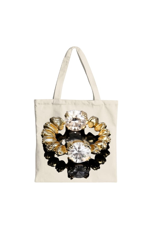 Elegant Golden Ring Design Tote Bag with Clear Gemstone Center - Stylish Canvas Bag for Parties Travel & Shopping - Multifunctional Reusable Tote