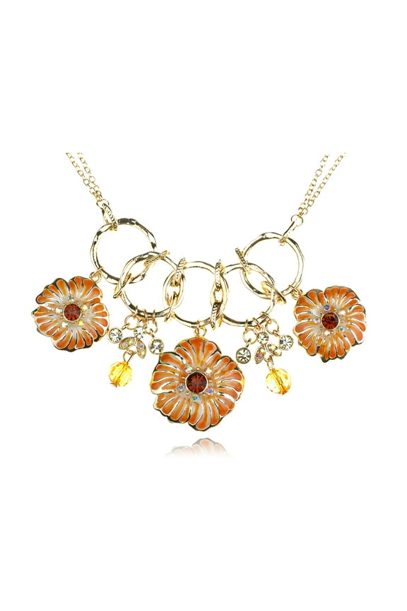 Elegant Golden Tone Clear Crystal Rhinestone Enamel Painted Orange Flower Necklace