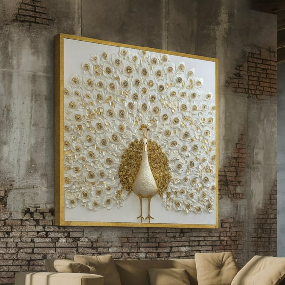 Elegant Golden White Peacock Wall Art, Bird Feather Design, Luxury Home Decor, Statement, Ready To Hang Artwork UNFRAMED Poster, Wall Art for Decor, Present, 24x36