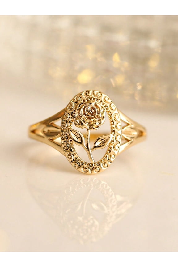 Elegant Goldtone Rose Flower Ring For Women, Daily Wear Wedding Party Jewelry Gift