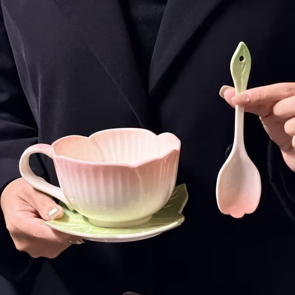 Elegant Gradient Pink Coffee Cups and Plates Set - 3-Piece Floral Design Mugs for Breakfast and Afternoon Tea