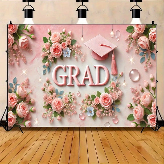 Elegant Graduation Floral Banner Elegant Pink Graduation Floral Banner - Durable Polyester, GRAD Cap & Diploma Design with Sparkling Accents - Ideal for Party Decor