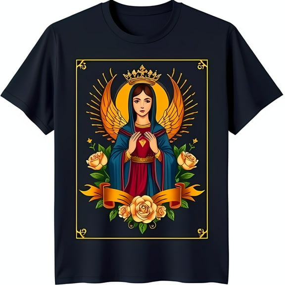 Elegant Graphic T-Shirt Detailed Colorful Design with Golden and Yellow Roses on Blue Tee