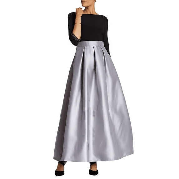 Elegant Gray Taffeta Maxi Skirt With One Pocket Women High Waist Pleated Skirt