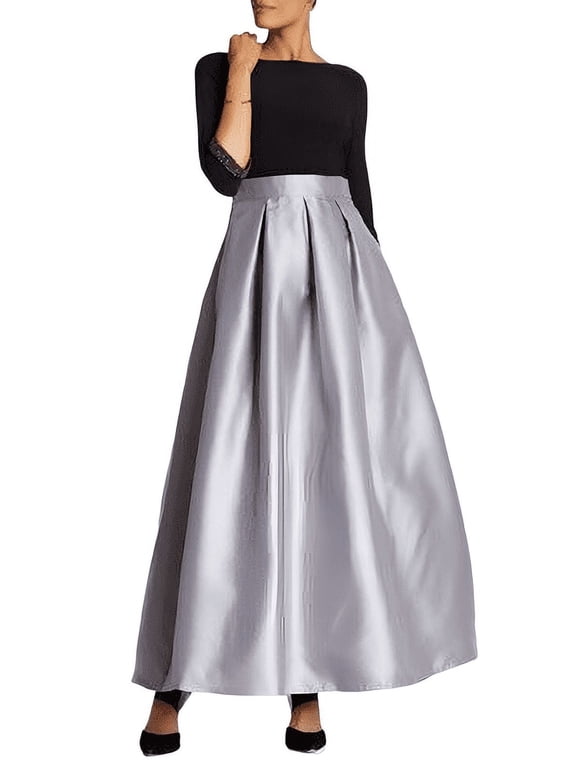 Elegant Gray Taffeta Maxi Skirt With One Pocket Women High Waist Pleated Skirt