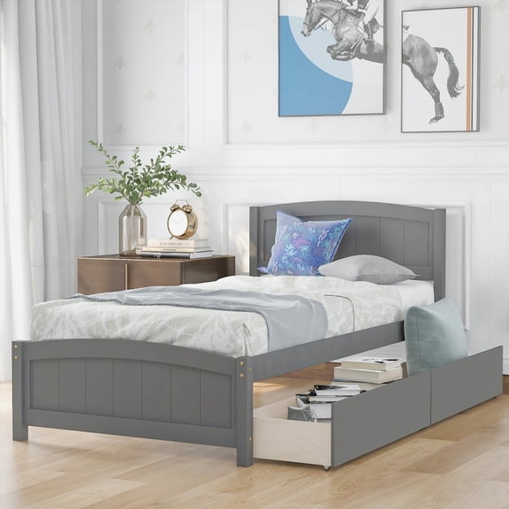 Elegant Gray Twin Size Platform Bed with 2 Drawers | Solid Pine Wood|Max Space