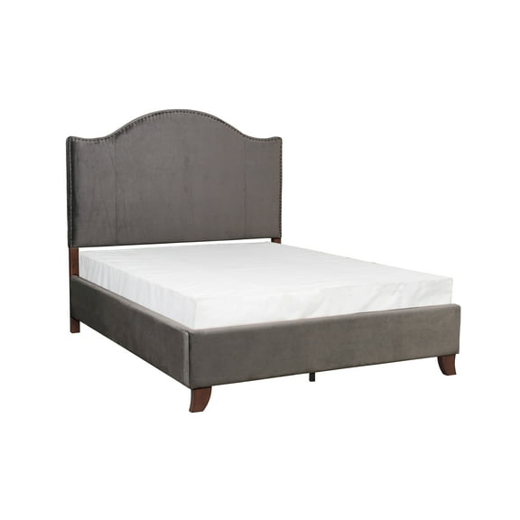Elegant Gray Velvet Full Bed Frame - Modern Traditional Solid Wood Upholstered Panel Bed with Camelback Headboard & Nailhead Trim - 59.5"W x 82"L x 62"H - Bedroom Furniture