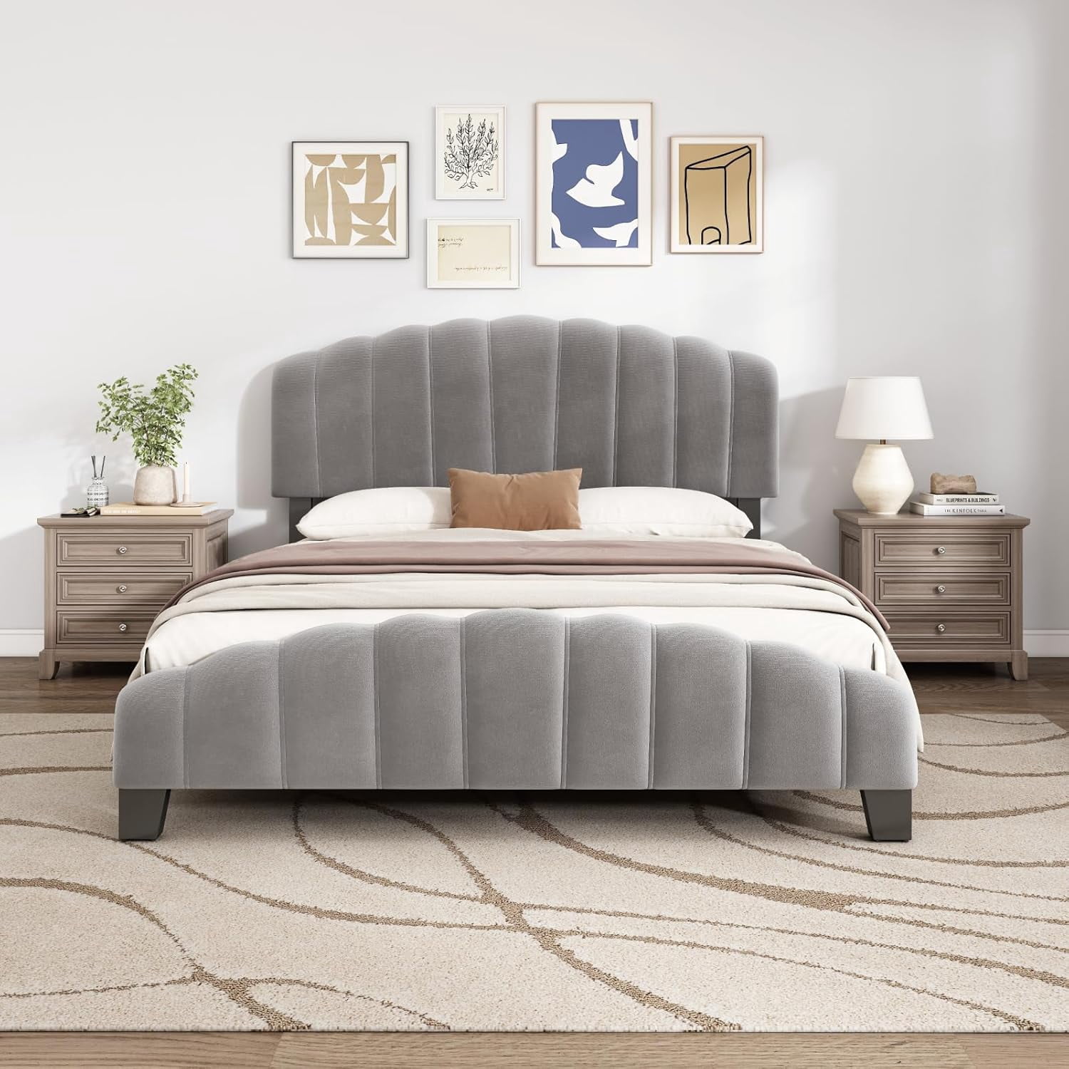 Elegant Gray Velvet Upholstered Bed Frame with Scalloped Design, Sturdy ...