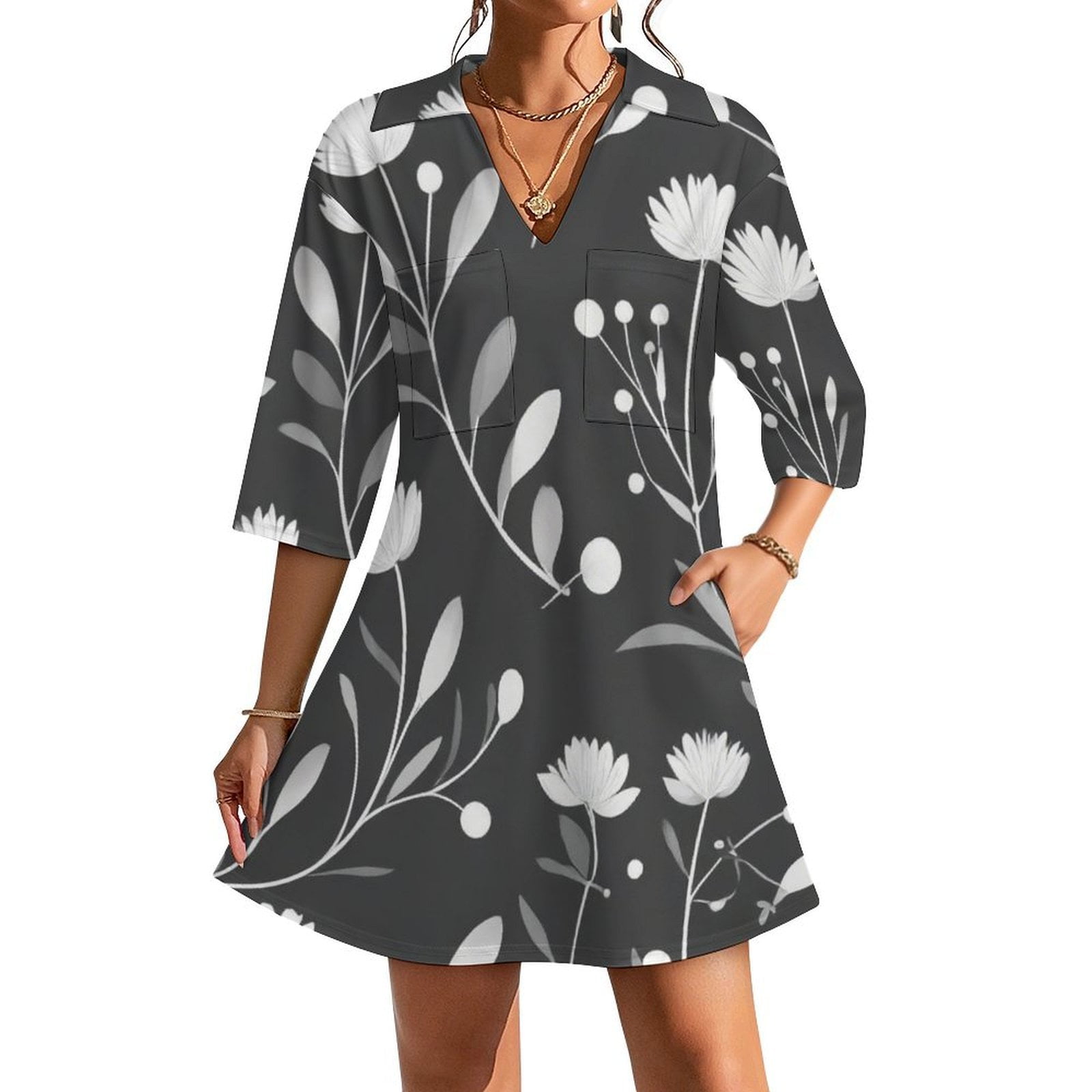 Women's Elegant Wedding Guest Dress Floral Lace V Neck 3/4 Sleeve Formal Maxi Dresses Summer