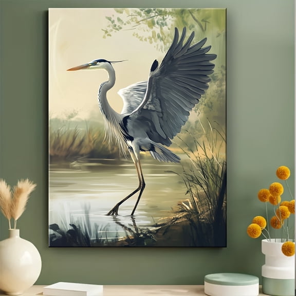 Elegant Great Blue Heron Canvas Painting with Wooden Frame - Detailed Illustration Wall Art for Home and Living Room Decor, Perfect Anniversary Gift, Canvas Painting, Beautiful Wall Decor