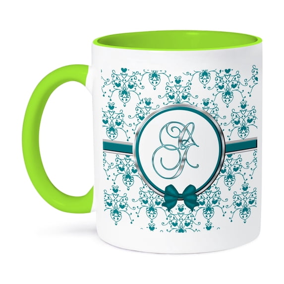 Elegant Green And Silver Heart Damask Monogram Letter G, 15oz Two-Tone Green Mug