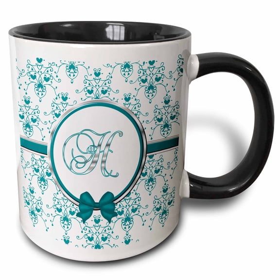 3drose, Elegant Green and Silver Heart Damask Monogram Letter H, 11oz Two-tone Black Mug