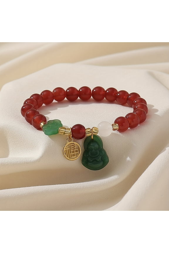 Elegant Green Beaded Bracelet with Lucky Cloud & Maitreya Buddha Charms - Classic Chinese Style, Glass Crafted with Golden Accents, Ideal Spring Festival Gift for Women, Chinese Bracelet,Burgundy