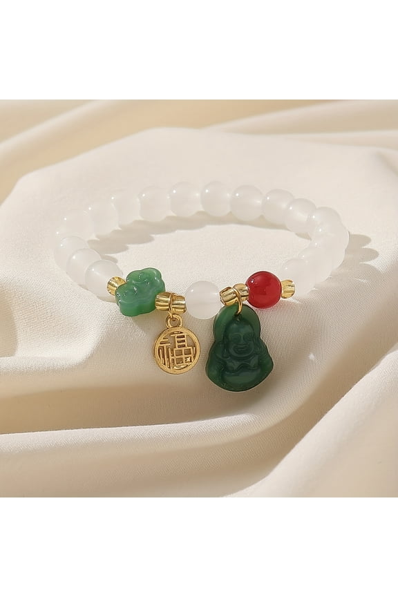 Elegant Green Beaded Bracelet with Lucky Cloud & Maitreya Buddha Charms - Classic Chinese Style, Glass Crafted with Golden Accents, Ideal Spring Festival Gift for Women, Chinese Bracelet,White