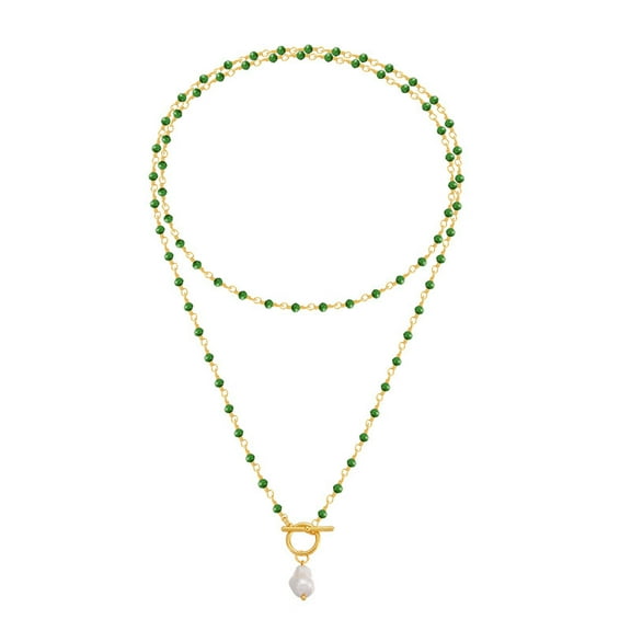 Elegant Green Crystal Beaded Long Multi-Layer Chain 18K True Gold Plated CopperNecklace Irregular Pendant Bead Necklace