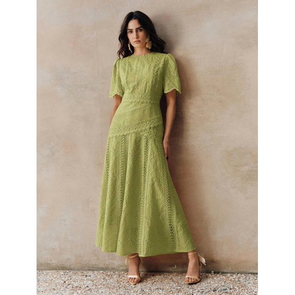 Elegant Green Eyelet Lace Short Sleeve A-Line Maxi Dress