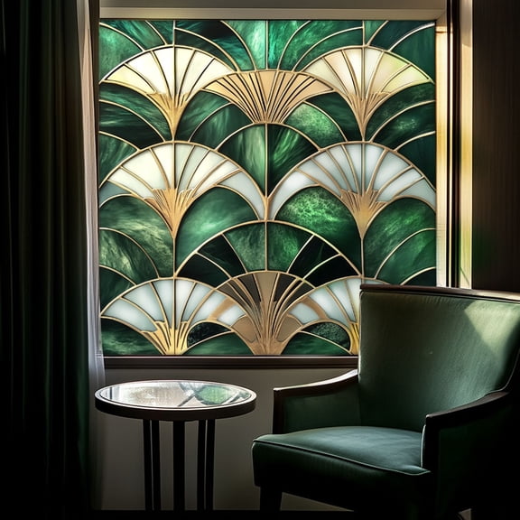 Elegant Green Fan Shaped Art Glass Window Film Static Cling Privacy Decal For Home Interior