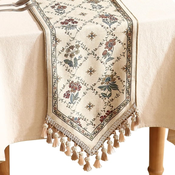 Elegant Green Floral Linen Table Runner with Vibrant Leaf Patterns, Rustic French Style Dining Kitchen Banquet Christmas Decoration, 18"x87"