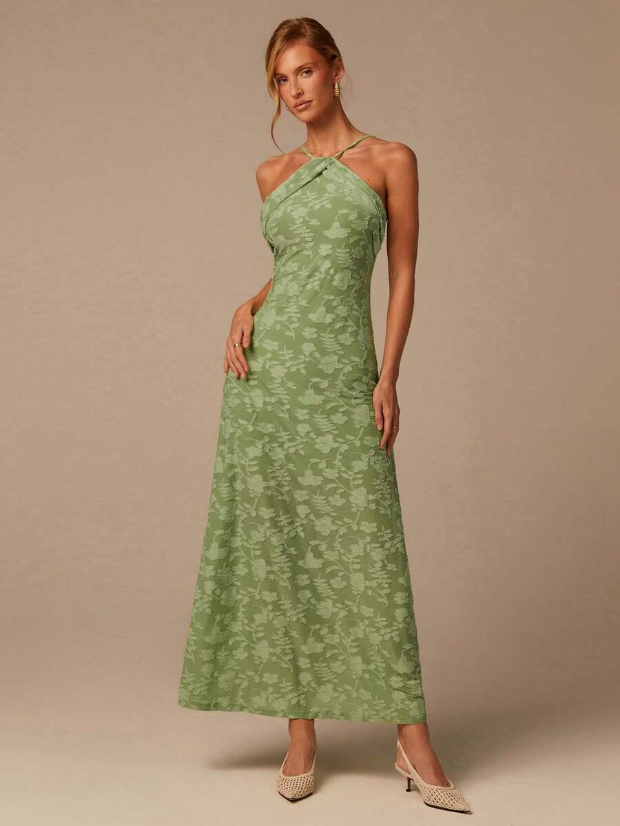 Elegant Green Floral Mesh A-Line Long Dress With Knot Halter Neckline And Flared Hem