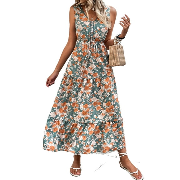 Elegant Green Floral Print Tie Waist Sleeveless Long Dress for Summer Holidays | [ZhiHiMeRi] | (US 12-14)L