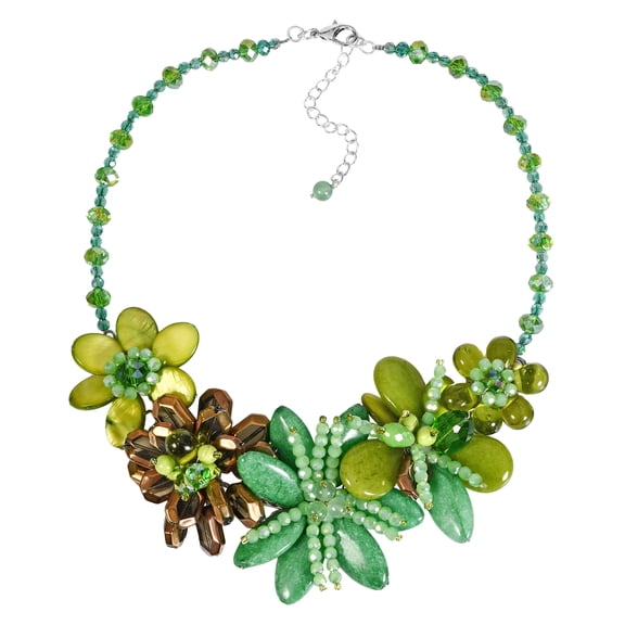 Elegant Green Forest Garden Mixed Stone, Seashell, and Crystal Floral Necklace