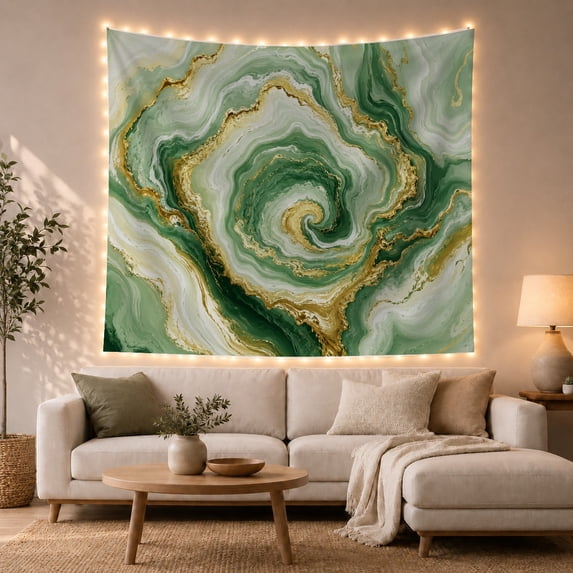 Elegant Green and Gold Swirl Marble Pattern in a Fluid Vortex, Dreamy Abstract for Nature Lovers, Luxury Organic Art Decor, Housewarming Gift Tapestry Wall Hanging for Living Room and Bedroom